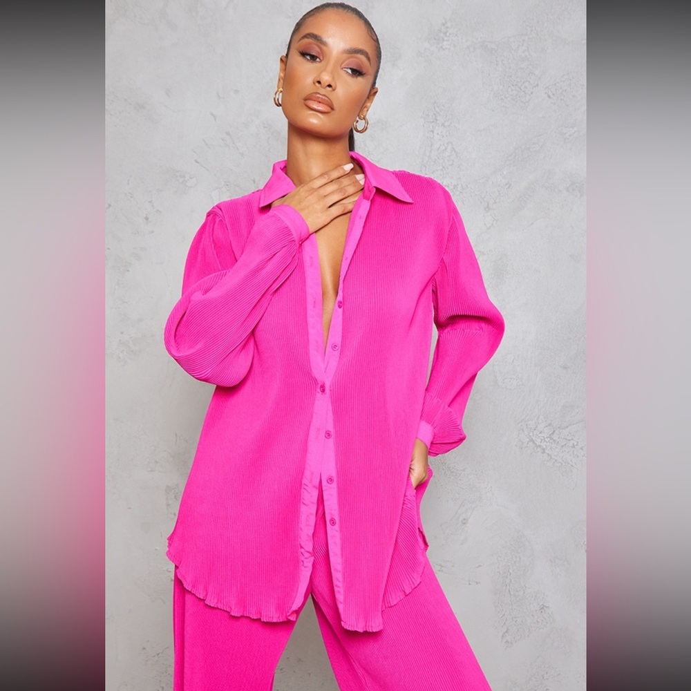 Pretty Little Thing Plisse Button Front Oversized Shirt
